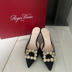 Roger Vivier Black Mules with Gold Floral Accents